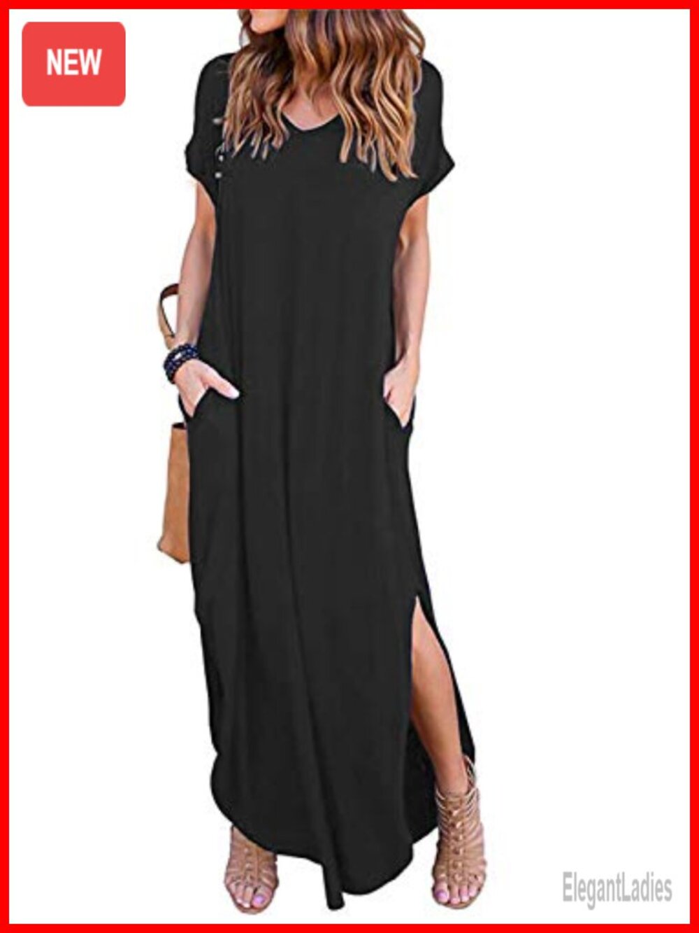 Women Summer Maxi Dress Short Sleeve V Neck Loose Long Split Beach Sundress